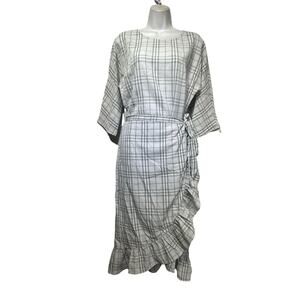 Chelsea28 Grey Plaid 3/4 Sleeve Faux Wrap Midi Ruffle Dress Size L